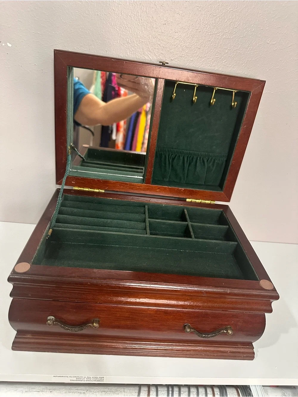 Vintage Bombay Wood Jewelry Box with Mirror in Dark Green